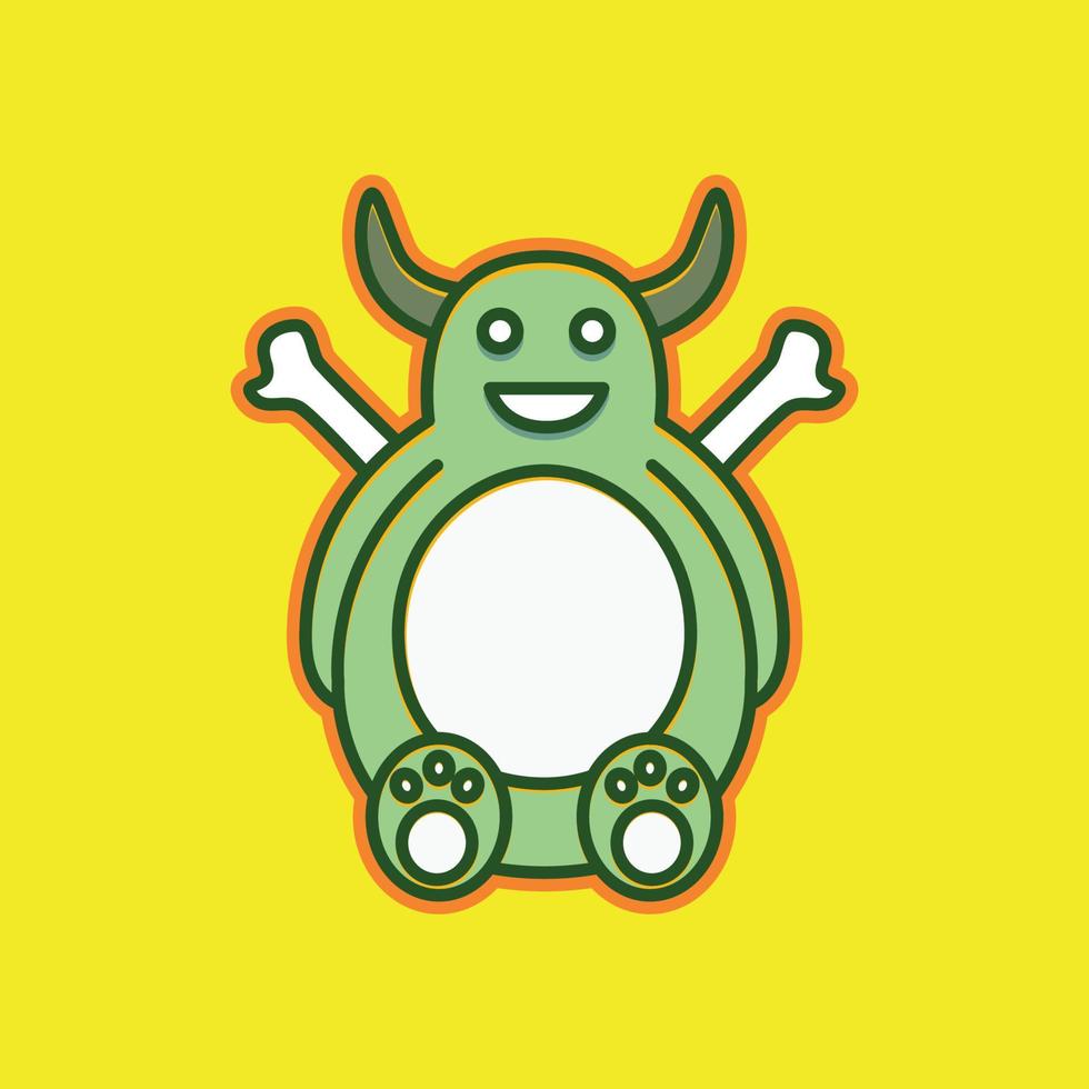 fofa mascote animal gordo chifrudo com ossos sorrir verde monstro logotipo Projeto vetor