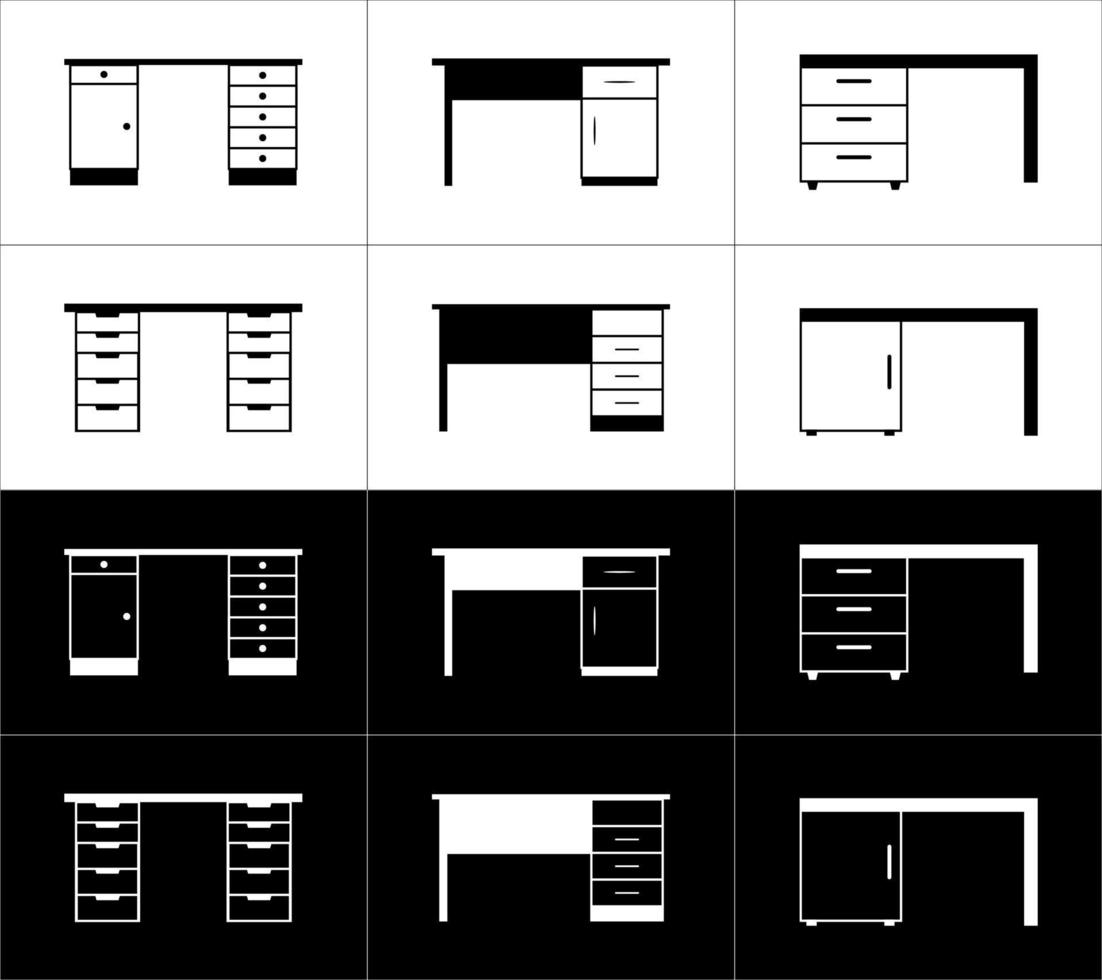 escritório escrivaninha ícones definir, vetor ilustração. plano Projeto estilo. Preto e branco.