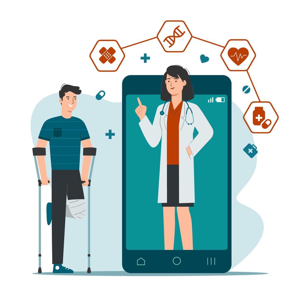 conectados médico consulta serviço com paciente e fêmea médico em Smartphone tela ilustração. telemedicina conceito vetor