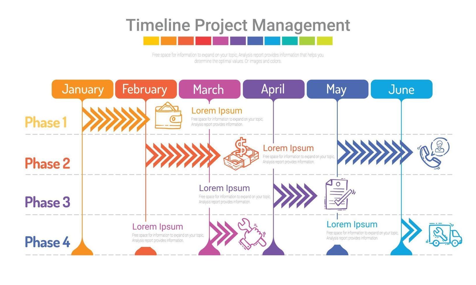 gráfico de cronograma do projeto por 6 meses, planejamento de meio mês e apresentação do projeto de negócios. vetor