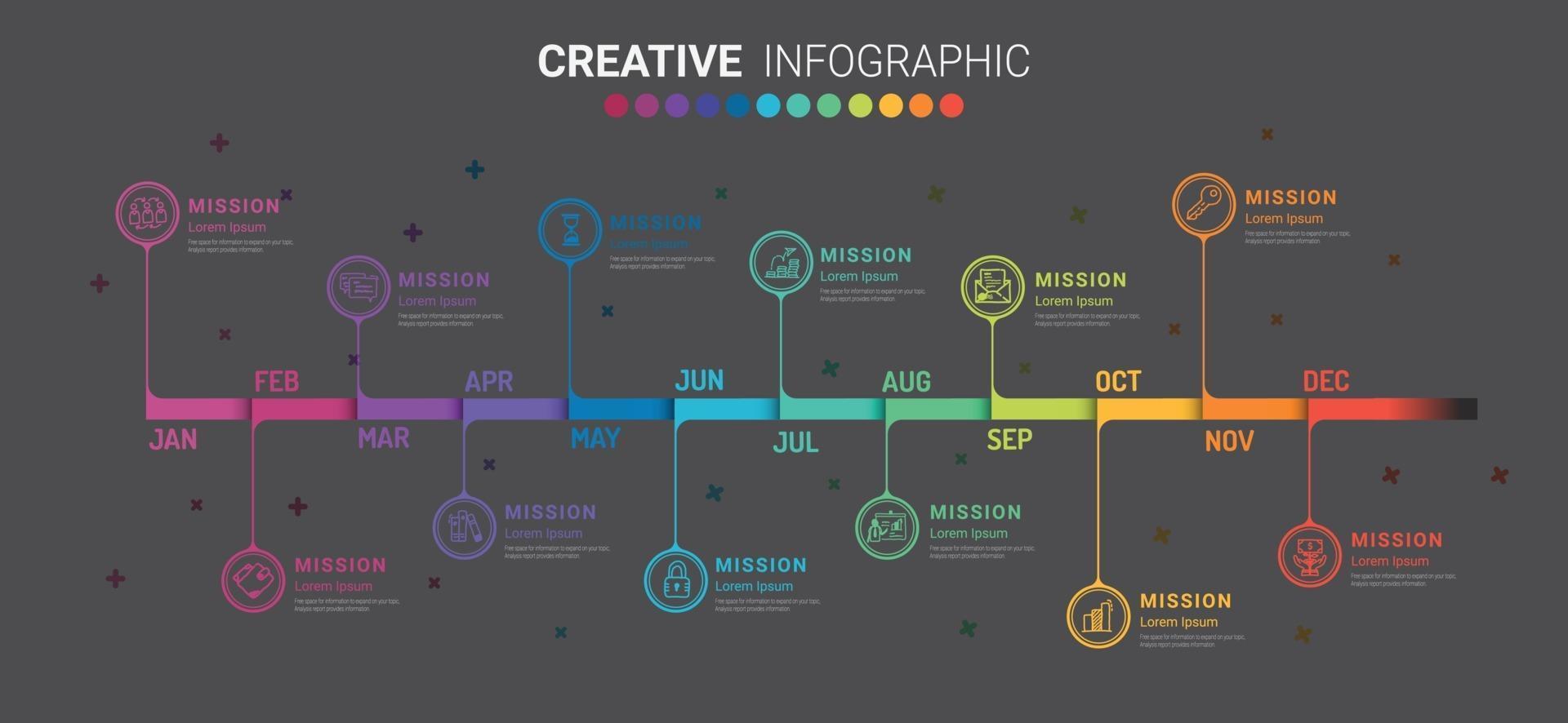cronograma de 1 ano, 12 meses, infográficos durante todo o mês, planejador de design e apresentação de negócios podem ser usados para o conceito de negócio com 12 opções. vetor