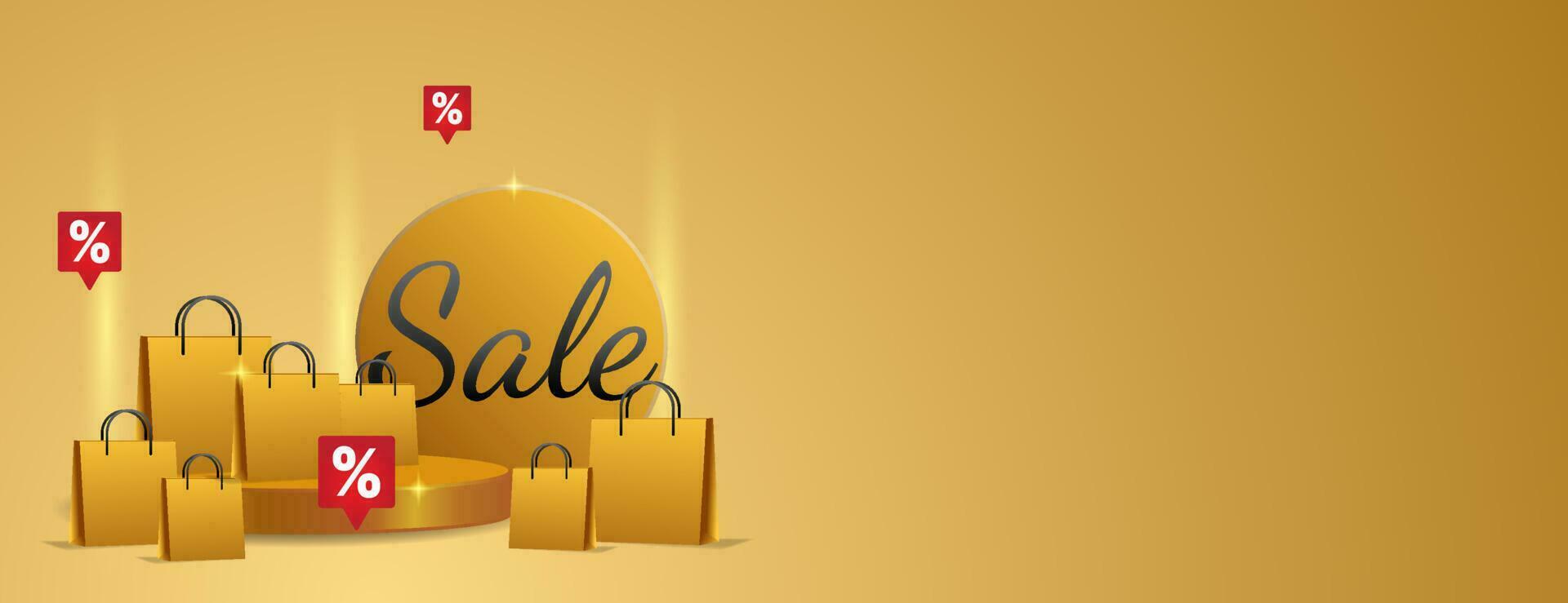 dourado o negócio promoção decoração com compras saco e pódio para venda bandeira com espaço para texto vetor