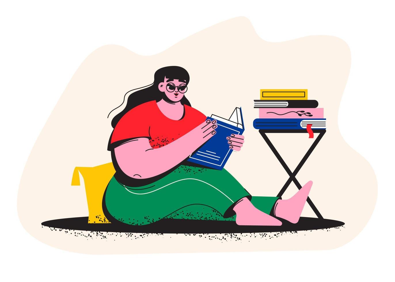 uma gordo menina é lendo uma livro. uma aluna é sentado em a chão com uma livro. biblioteca, livraria. literatura vetor