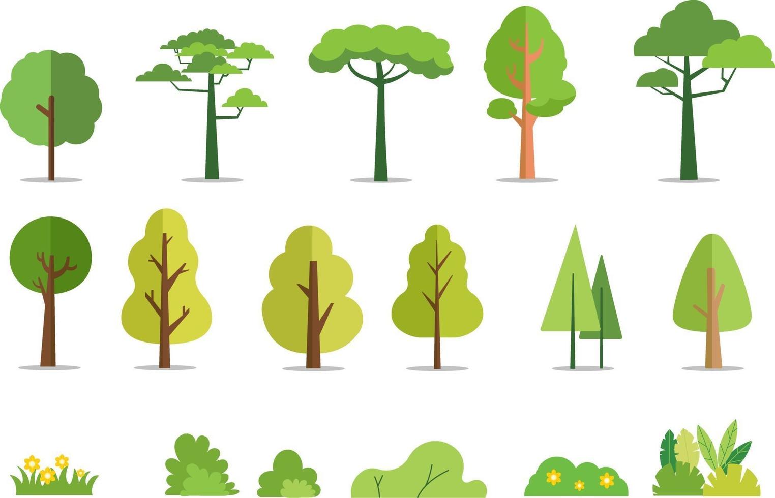 árvores e arbustos definir ilustração vetorial de estilo simples. árvore da floresta de cartoon. planta e flores. fundo isolado da árvore vetor