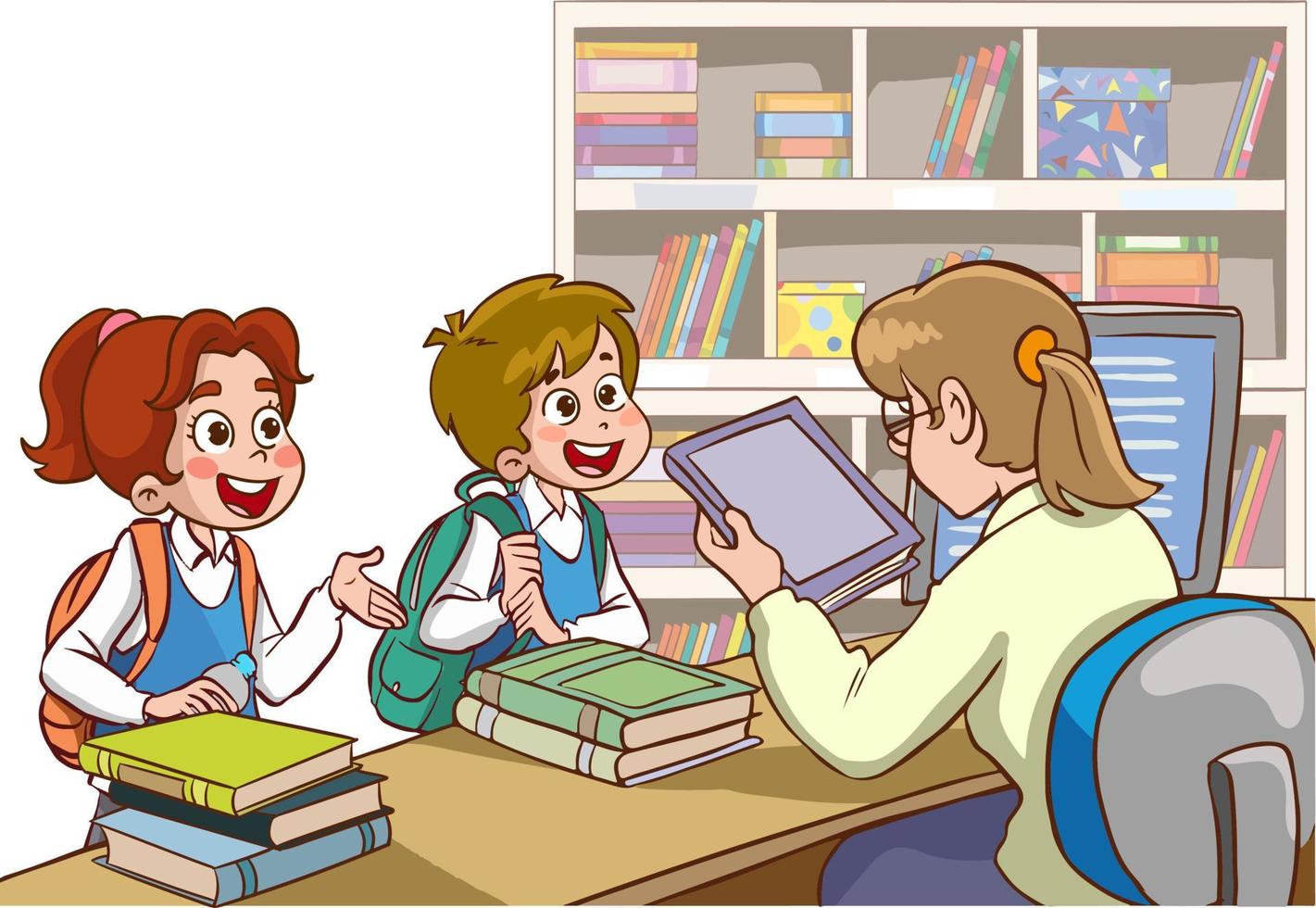 crianças estudantes tirando um livro do vetor de desenhos animados da biblioteca