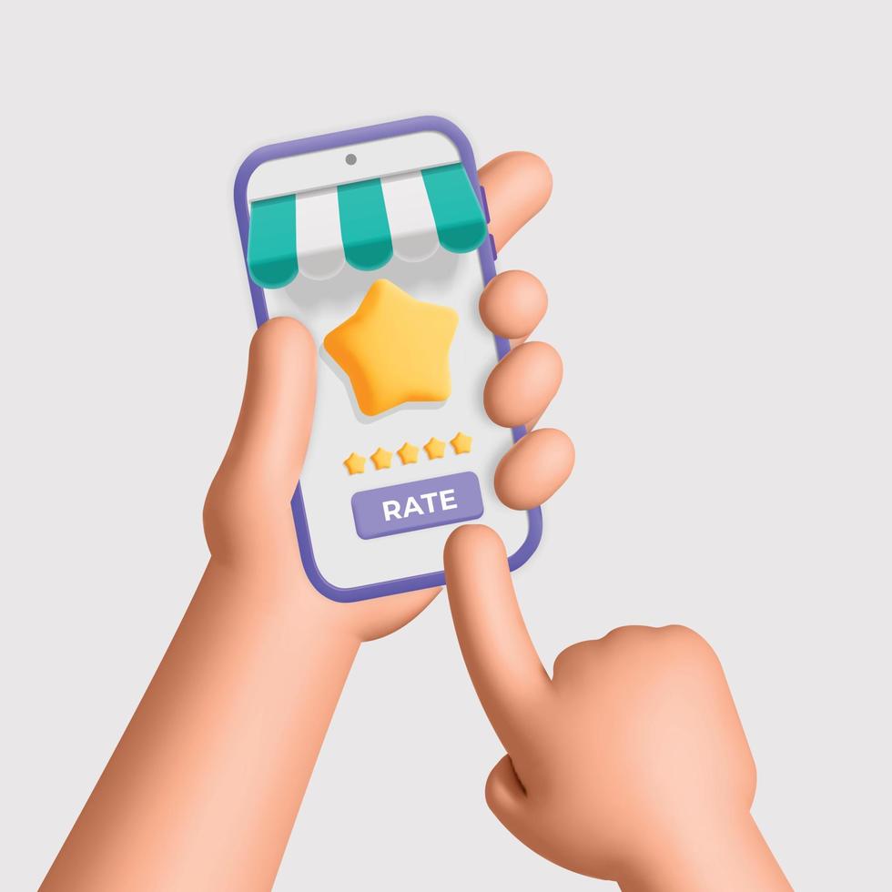 3d vetor mãos aguarde Smartphone escolher cinco estrelas em Móvel cliente serviço aplicativo para faço personalizadas Avaliação Reveja comentários