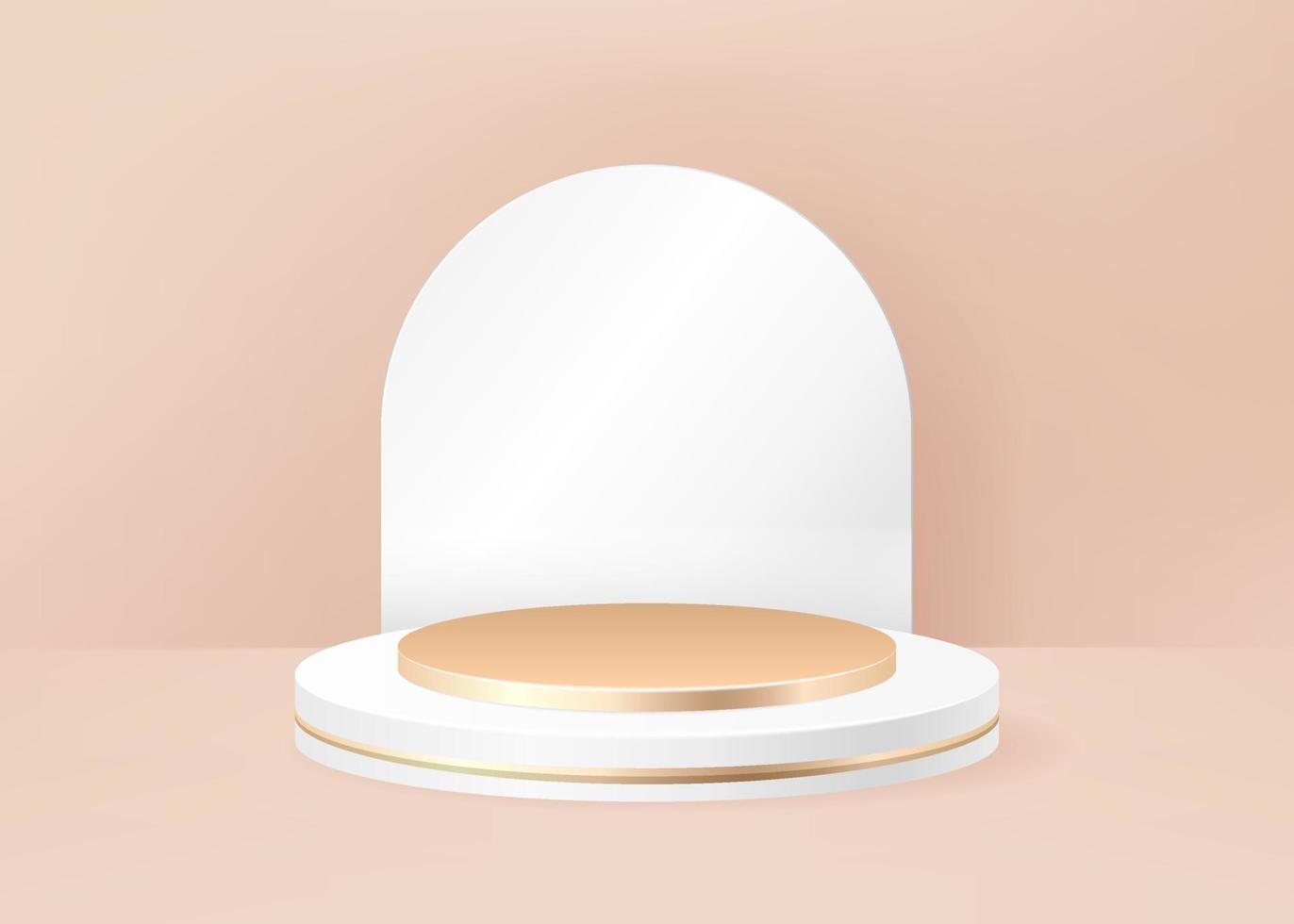 pastel bege 3d fundo produtos exibição pódio cena com dourado geométrico plataforma. ficar de pé para mostrar Cosmético produtos. realista etapa mostruário em pedestal exibição em creme pano de fundo. Prêmio estúdio vetor