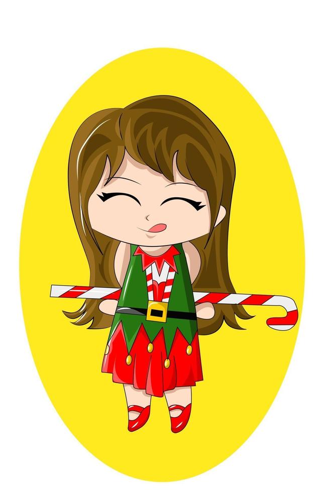 um chibi fofo usando vestido de natal com bastão de doces vetor