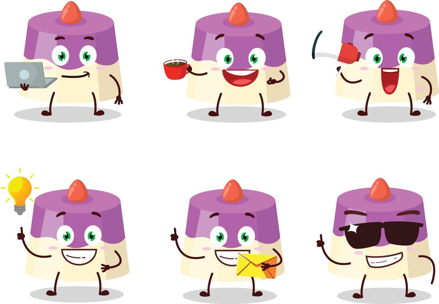 bolo desenho animado personagem com vários tipos do o negócio emoticons vetor