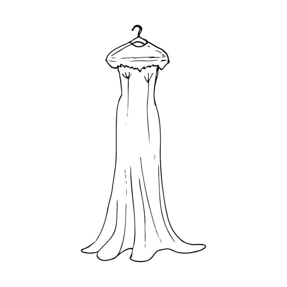Casamento vestir com curto mangas com godet estilo suspensão em uma cabide - mão desenhado doodle. da noiva vestir em uma cabide vetor esboço