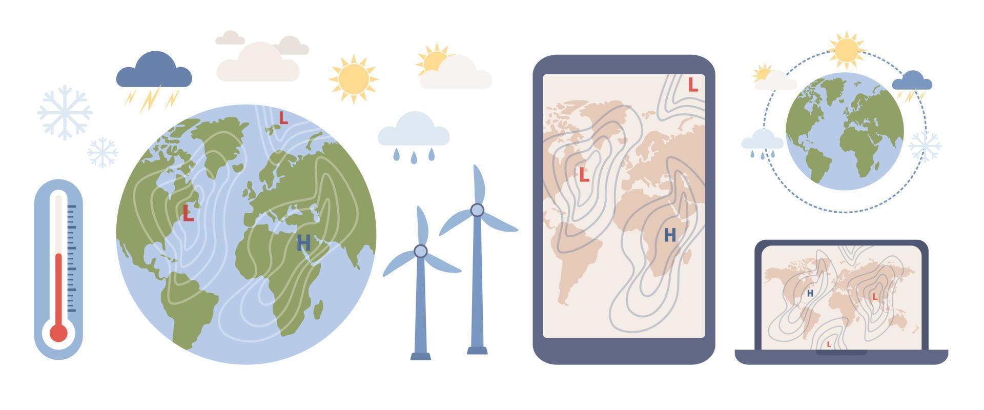 meteorologia Ciência conjunto ícone. mundo meteorológico dia. clima e clima doença. vetor plano ilustração