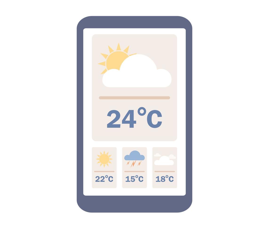 clima previsão ícone. Smartphone com clima aplicativo. diariamente temperatura. nublado, chuvoso e ensolarado dia conceito. vetor plano ilustração
