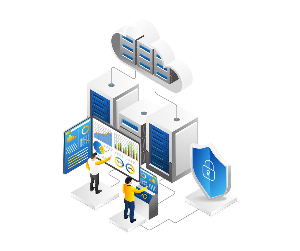 isométrico plano 3d ilustração conceito nuvem servidor ponto final equipe analytics vetor