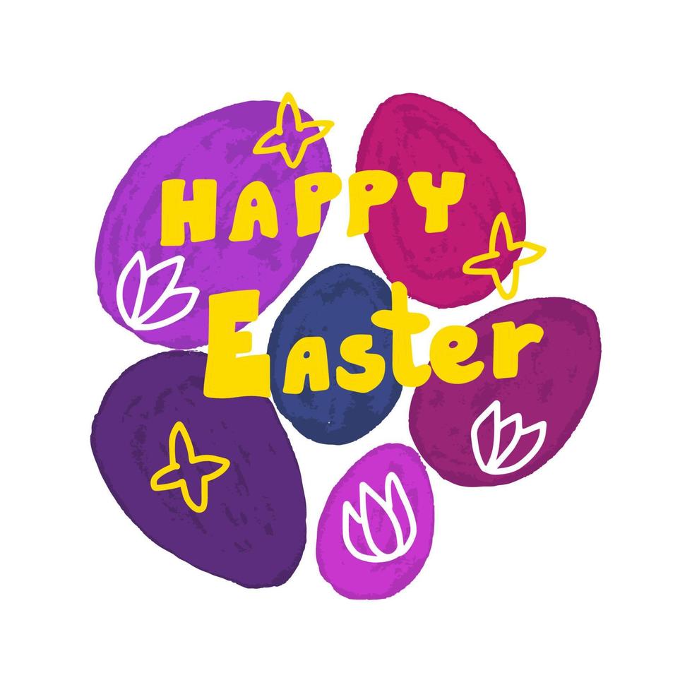feliz Páscoa brilhante e colorida cartão com ovos e mão rotulação. vetor