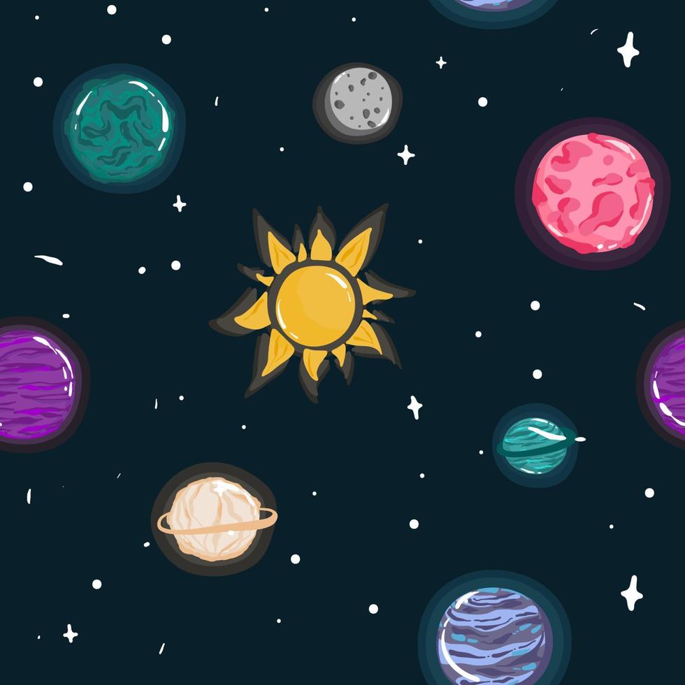 espaço desatado padronizar com planetas e estrelas. rabisco desenho animado fofa Saturno planeta. espaço vetor fundo para crianças