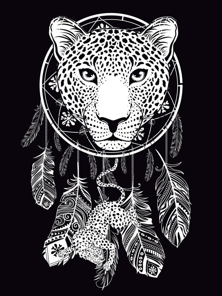 camiseta Projeto do uma leopardo cabeça e uma Sonhe Apanhador isolado em Preto vetor