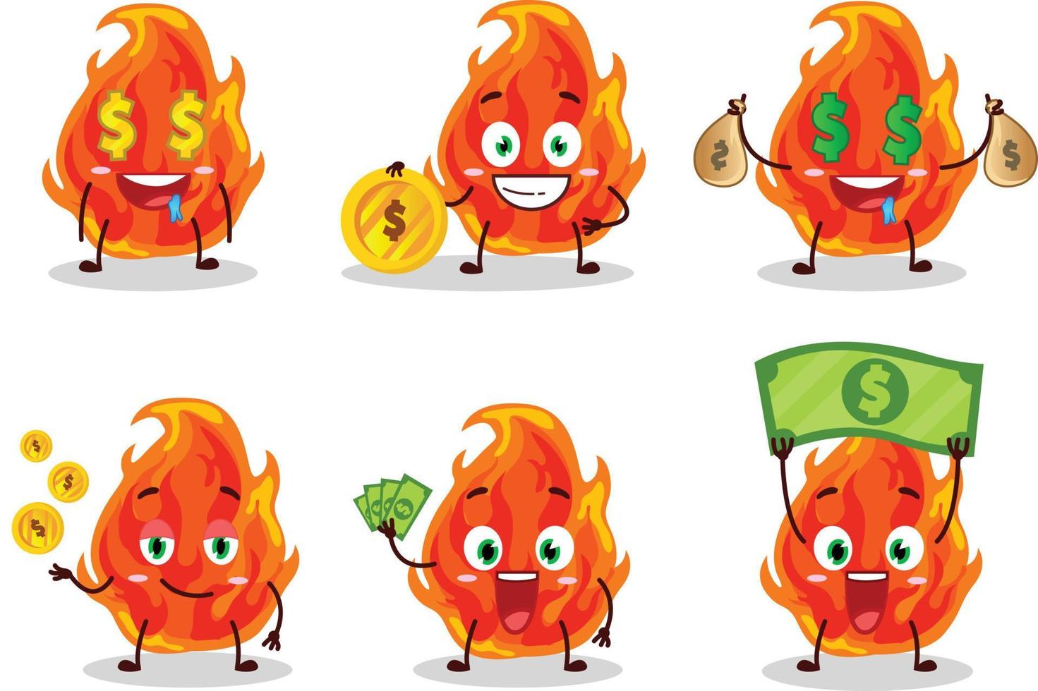 fogo desenho animado personagem com fofa emoticon trazer dinheiro vetor