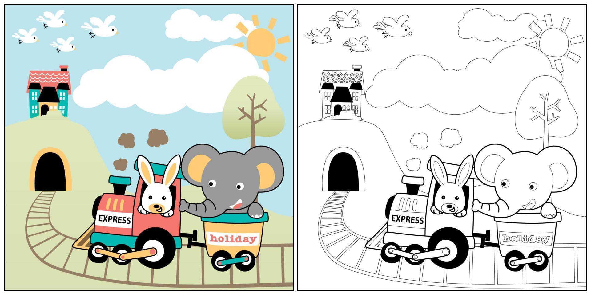 vetor desenho animado do fofa Coelho com elefante em vapor trem, coloração livro ou página