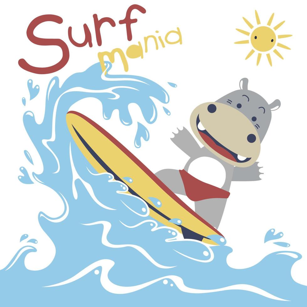 fofa hipopótamo surfar às verão, vetor desenho animado ilustração
