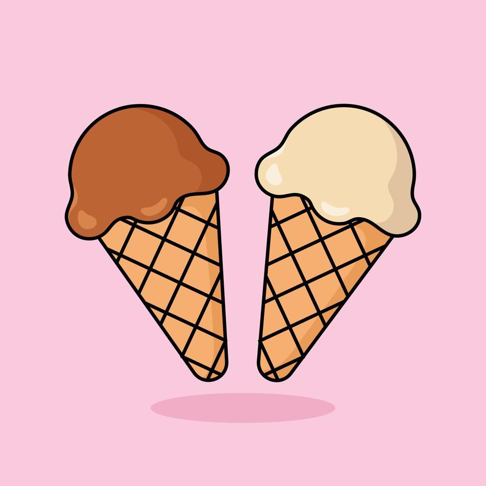 fofa gelo creme colher desenho animado ícone vetor. baunilha e chocolate colheres dentro waffle cone. sobremesas e doce alimentos plano Projeto ícone conceito. vetor plano esboço ícone