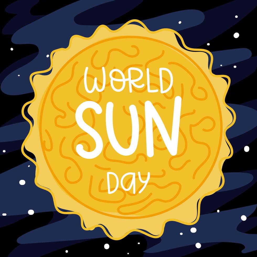 uma bandeira para a mundo dia do a Sol do uma simples Projeto para uma fundo ou uma cumprimento cartão. a inscrição mundo Sol dia em a fundo do a pintado Sol dentro espaço. vetor ilustração