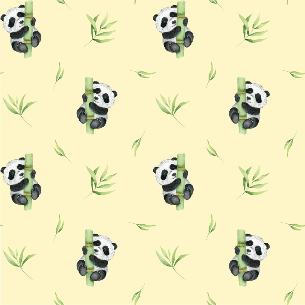 fofa panda é segurando em para uma bambu talo, bambu folhas. aguarela desatado padronizar. ásia cultura. para têxteis, embalagem, papel de parede, cartões postais. vetor