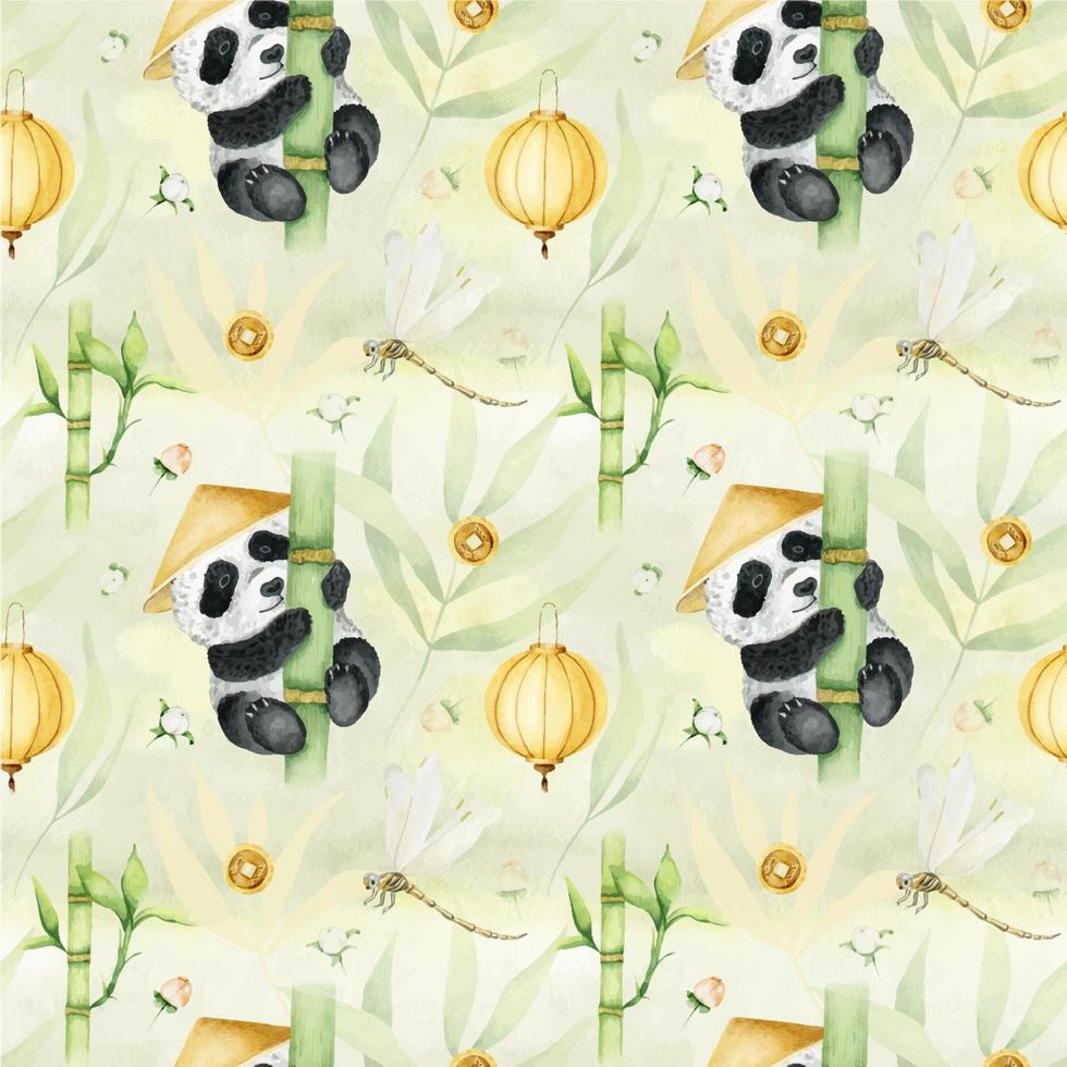 fofa panda dentro uma tradicional chinês chapéu, libélulas, amarelo chinês papel lanternas, bambu folhas, chinês antigo moedas. ásia cultura. para têxteis, embalagem, papel de parede, cartões postais. vetor