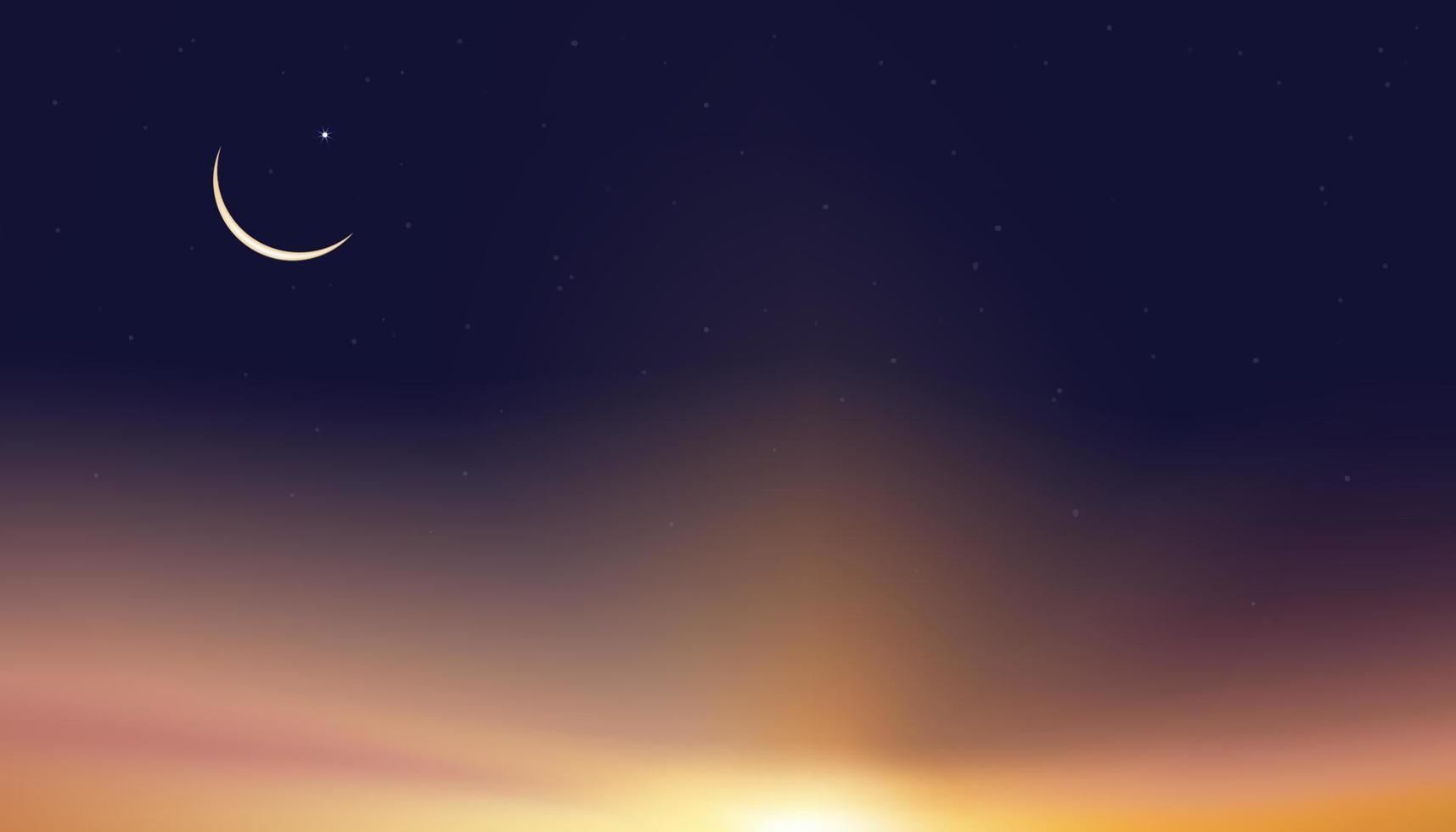 islâmico cartão, ramadã kareem crescente lua, estrela em pôr do sol céu, vetor religiões simbólico do islâmico ou muçulmano para generoso ramadã, novo lua, oração hora.eid Mubarak, Eid al adha,eid al fitr fundo
