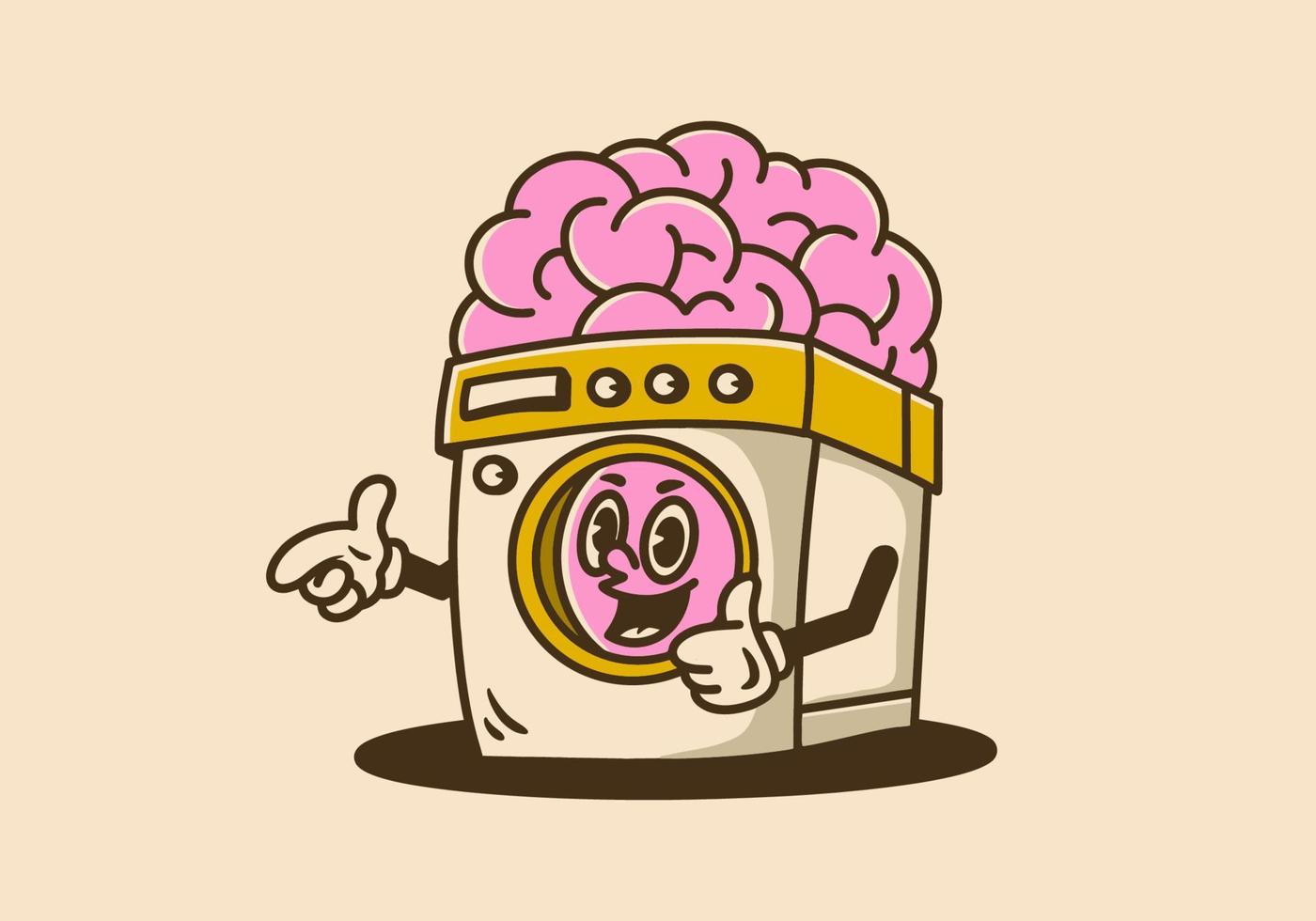 lavando máquina com grande cérebro mascote personagem Projeto dentro vintage cor vetor