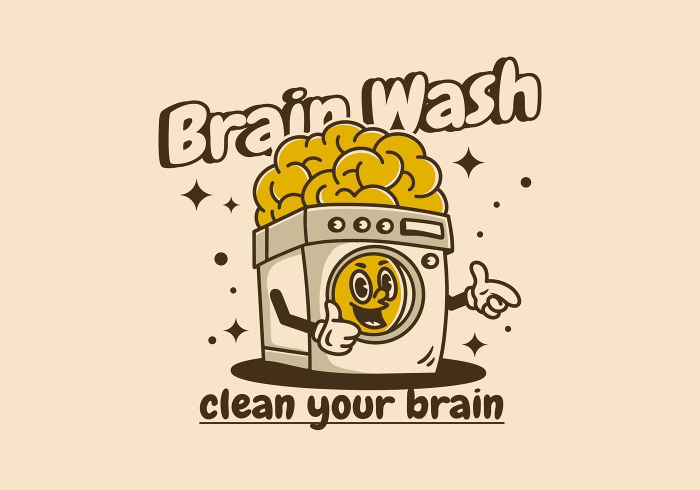lavando máquina com grande cérebro mascote personagem Projeto dentro vintage cor vetor