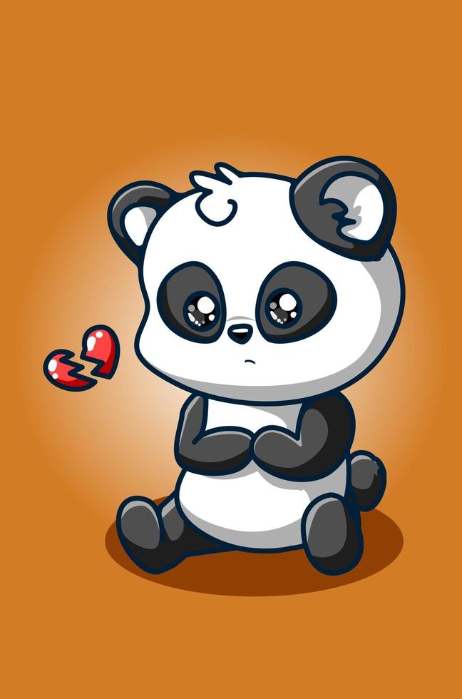 Desenho a mão de ilustração de panda com coração partido vetor