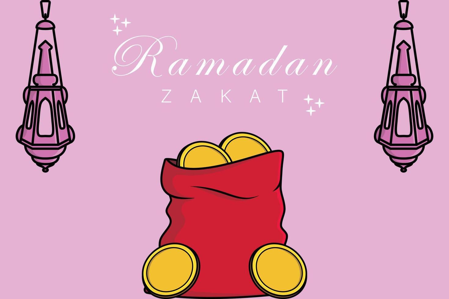 pilha do ouro moedas e caridade dinheiro saco para zakat dentro piedosos mês do Ramadã com lanterna lâmpadas vetor ilustração.