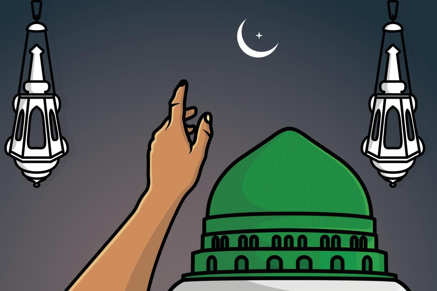 mão mostrando Ramadã kareem lua com madina masjid al Nabawi vetor ilustração. islâmico feriado ícone conceito. Ramadã kareem islâmico fundo com madina masjid al Nabawi vetor Projeto.