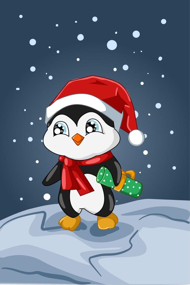 um pequeno e fofo bebê pinguim usando chapéu de natal no inverno vetor