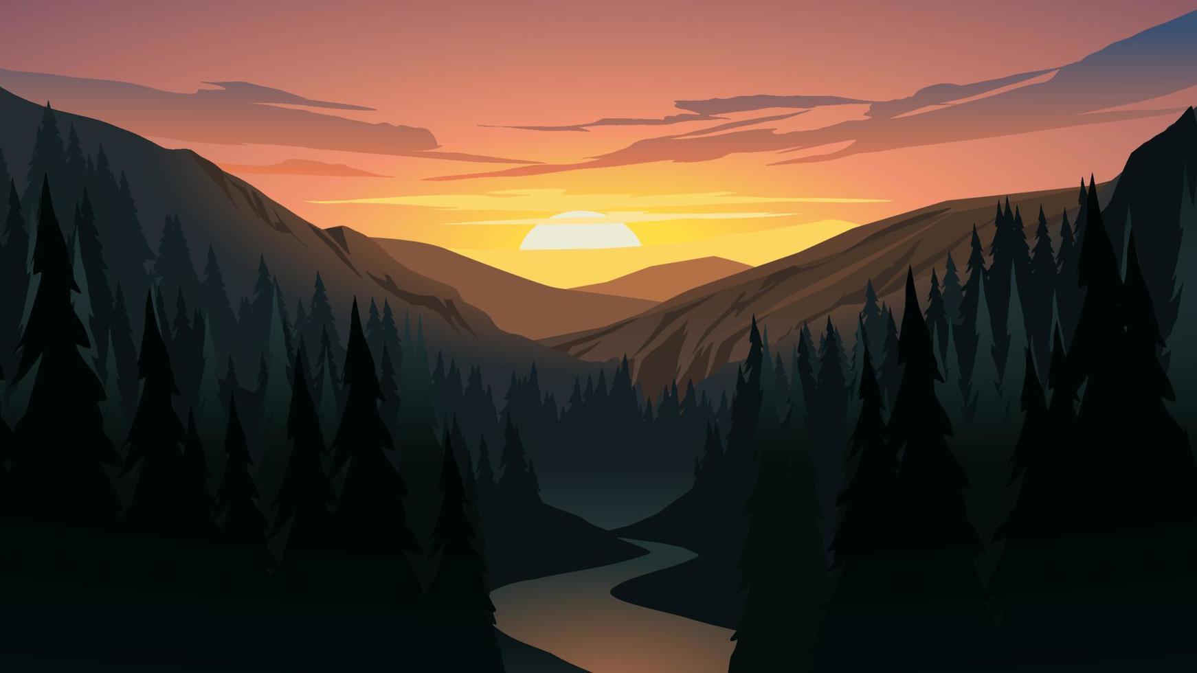 montanha pôr do sol com floresta, rio e canyon. vetor natureza panorama