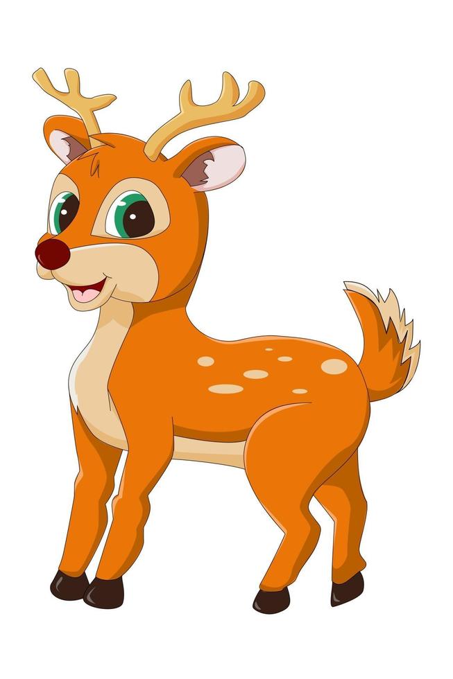 um veado laranja fofo e feliz com olhos verdes, desenho animal cartoon ilustração vetorial vetor