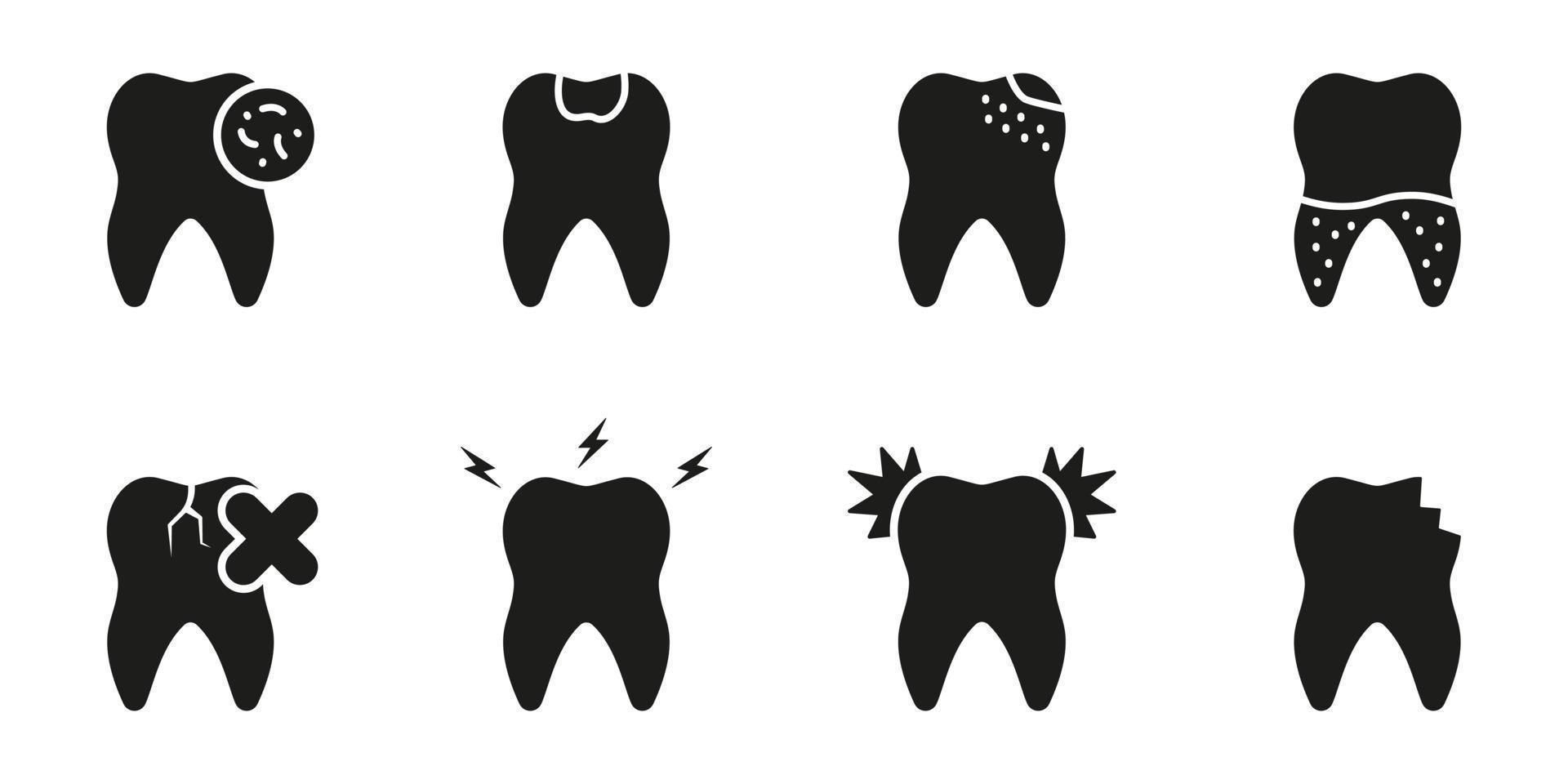 dentes e Academia médico problemas silhueta ícone definir. dente doença símbolo. dor de dente, rachado e quebrado dente, cárie glifo pictograma. dental tratamento sólido placa. isolado vetor ilustração.