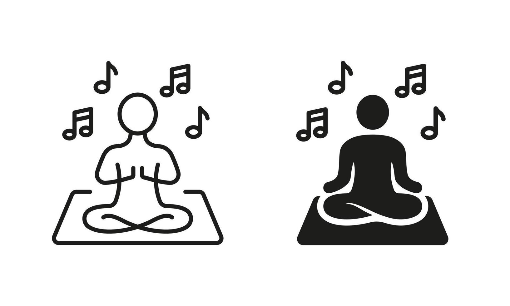 ioga concentração, meditação, ouço para música silhueta e linha ícone definir. harmonia homem relaxar dentro lótus pose meditar pictograma. ouvindo para música. editável AVC. isolado vetor ilustração.