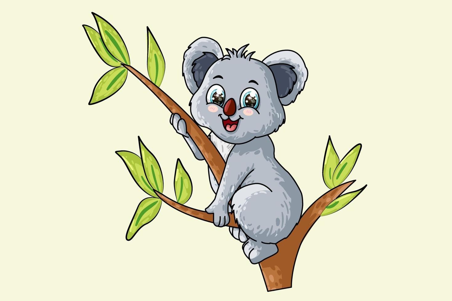 um pequeno e fofo coala bebê em uma árvore, desenho animal cartoon ilustração vetorial vetor