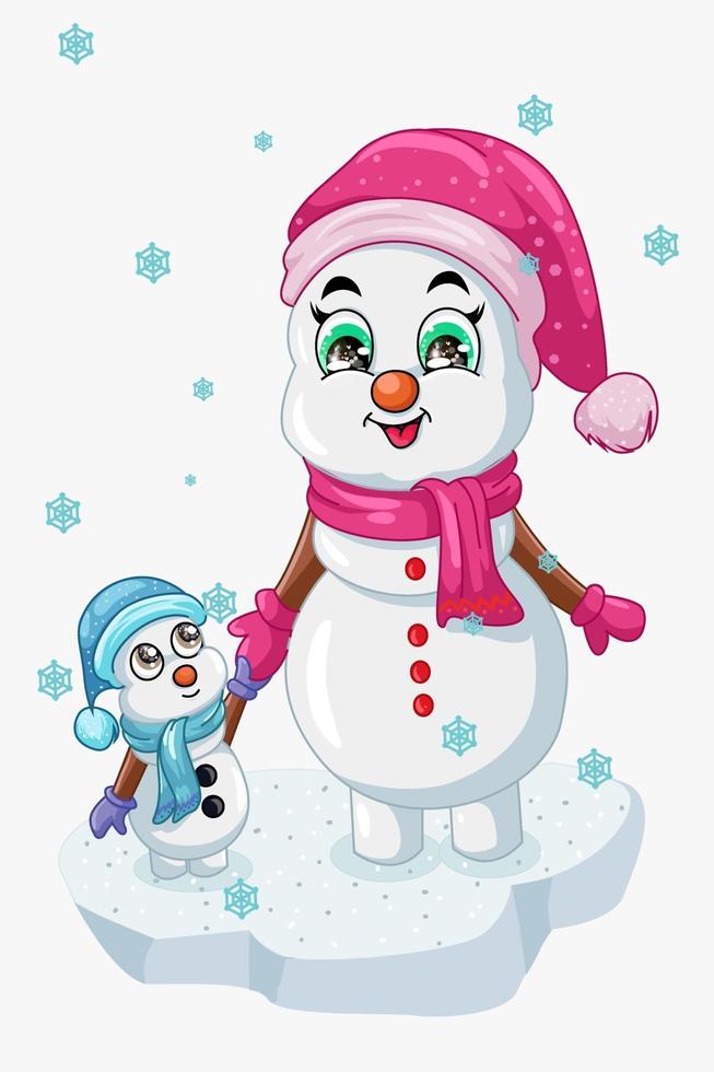 uma ilustração da mãe do boneco de neve se divertindo com o filho sob uma chuva cristalina na neve do inverno vetor