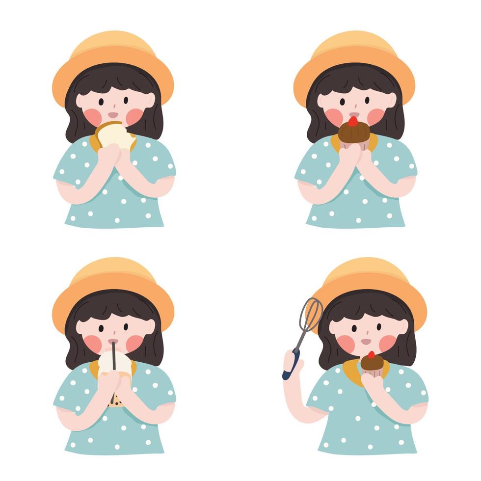 vetor ilustração do uma menina vestindo uma chapéu. segurando doce. bebendo água. isolado cor fundo.