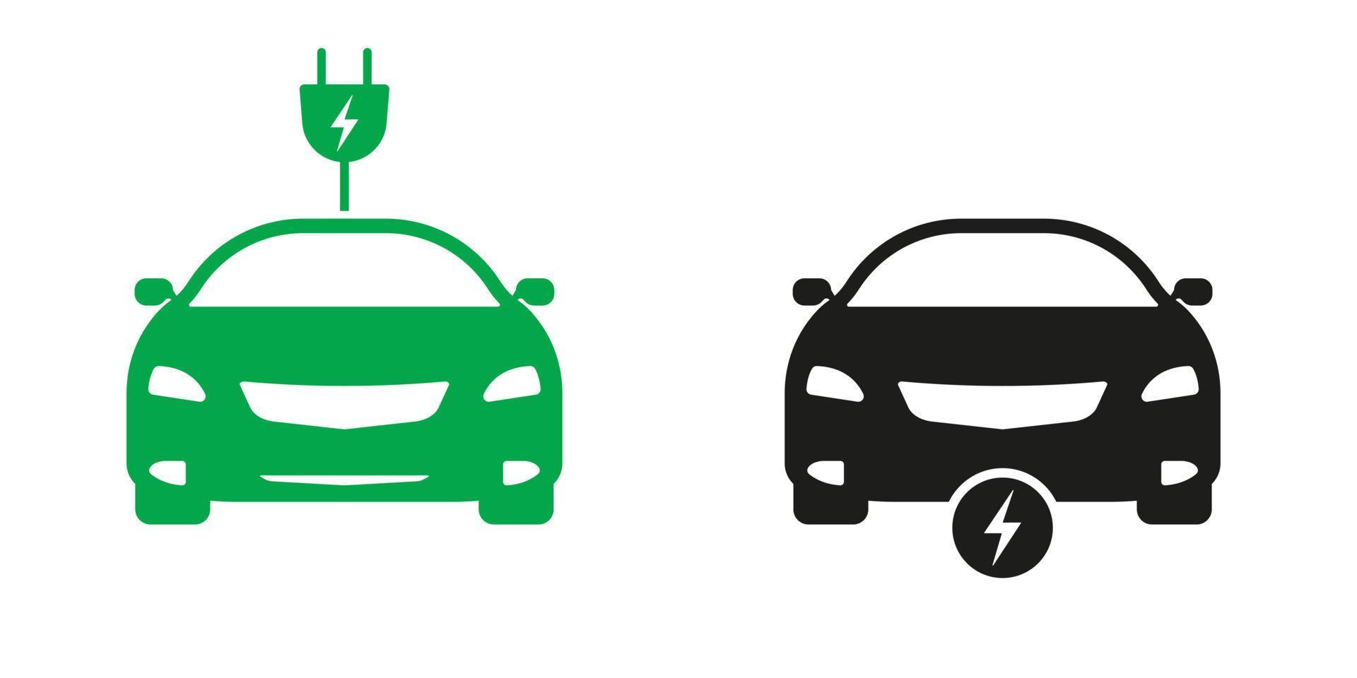 eco híbrido transporte sólido placa definir. elétrico carro com plugue ecologia veículo glifo ícone. ev transporte. eletro veículo com carregador silhueta pictograma. isolado vetor ilustração.