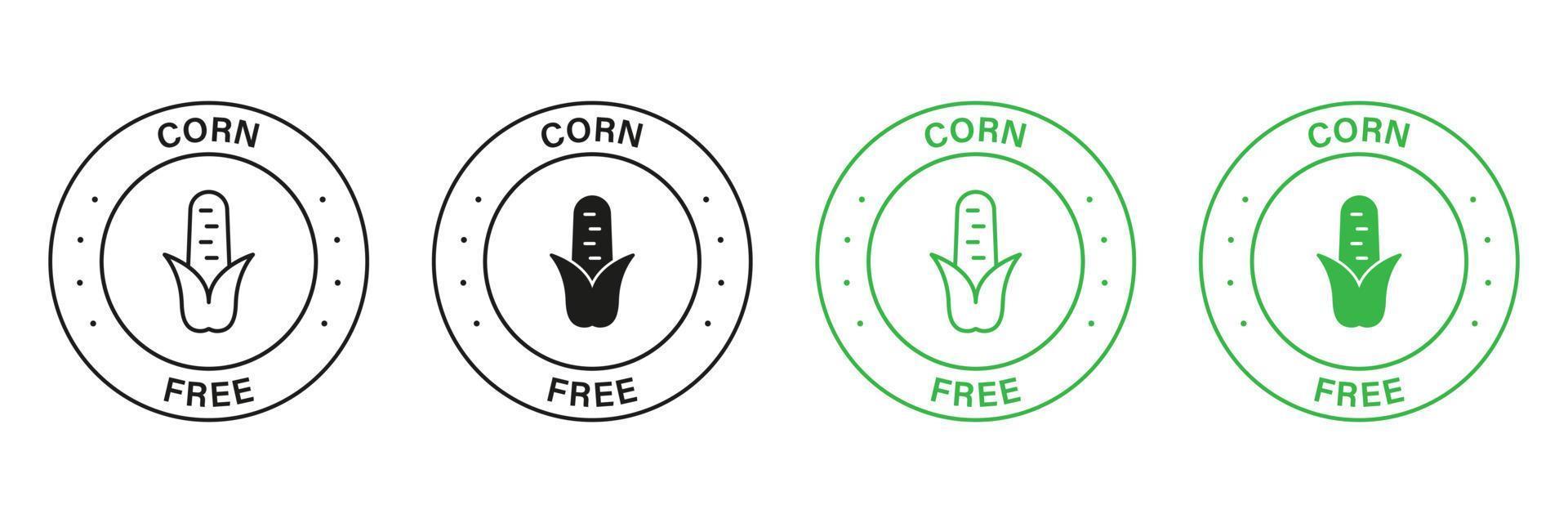 milho livre verde e Preto círculo carimbo definir. livre frutose e milho ícone. não milho alergia ingrediente rótulo. não conter milho símbolo. não milho amido alérgeno logotipo. isolado vetor ilustração.