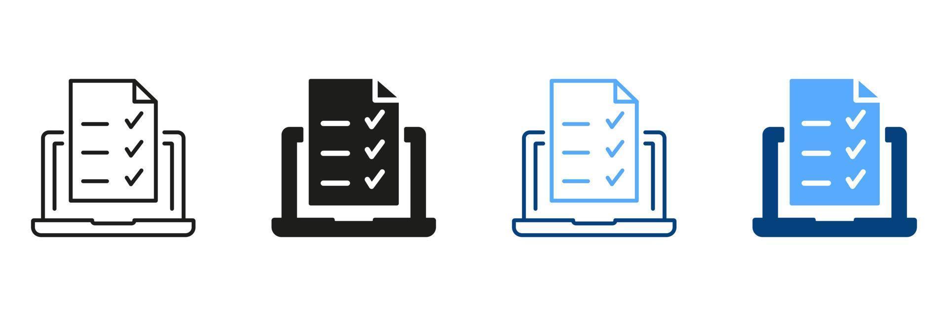 conectados exame, levando testes, questionários, lista de controle em dispositivo tela. computador portátil com conectados Formato pesquisa silhueta e linha ícone definir. conectados Educação e elearning sinais. isolado vetor ilustração.