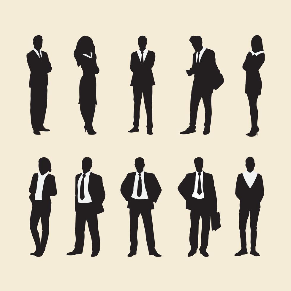 o negócio pessoas silhuetas, grupo do empresários e mulheres de pé, Preto cor isolado em branco fundo vetor