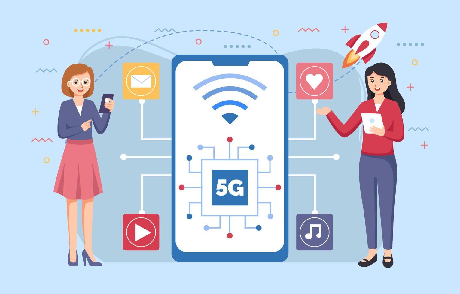 Móvel sem fio 5 ª geração tecnologia fundo Projeto vetor. 5g bandeira do sem fio sistema, Internet do coisas, grande dados e tráfego. 5g sem fio rede tecnologia conceito. vetor