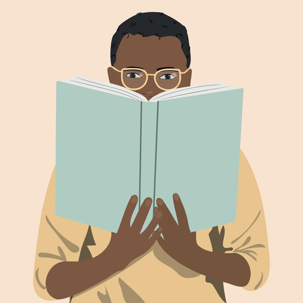 africano americano homem se escondendo atrás uma livro vetor