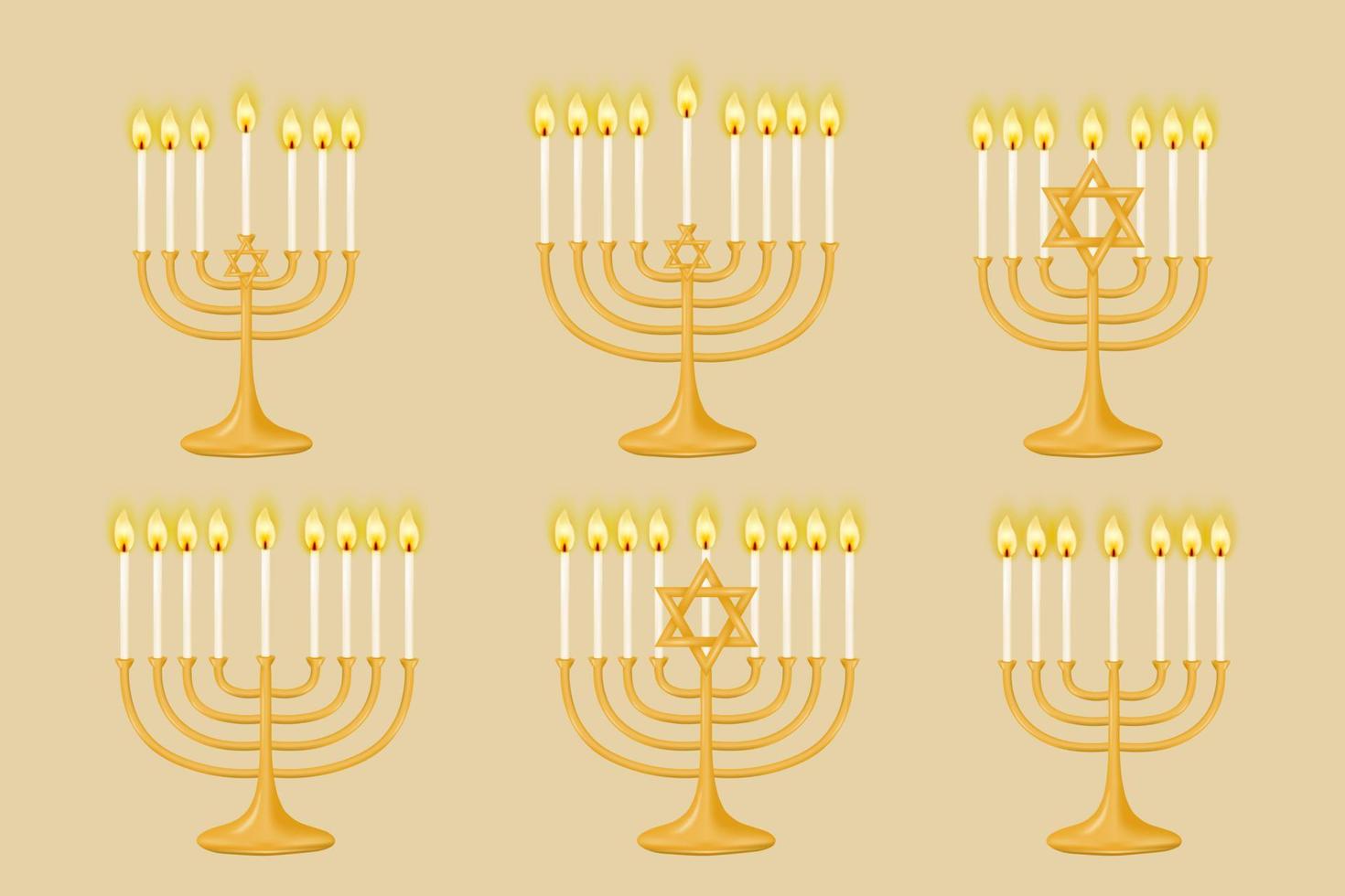 conjunto do ouro Hanukkiah menorah para Sete e nove velas em uma bege fundo. menorah com velas. perfeito para seu feriado projetos. vetor ilustração.