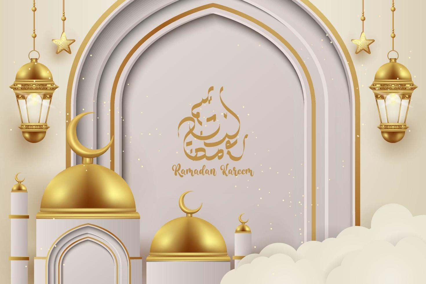 Fundo 3D Kareem Ramadan com lanternas de lâmpada dourada. vetor