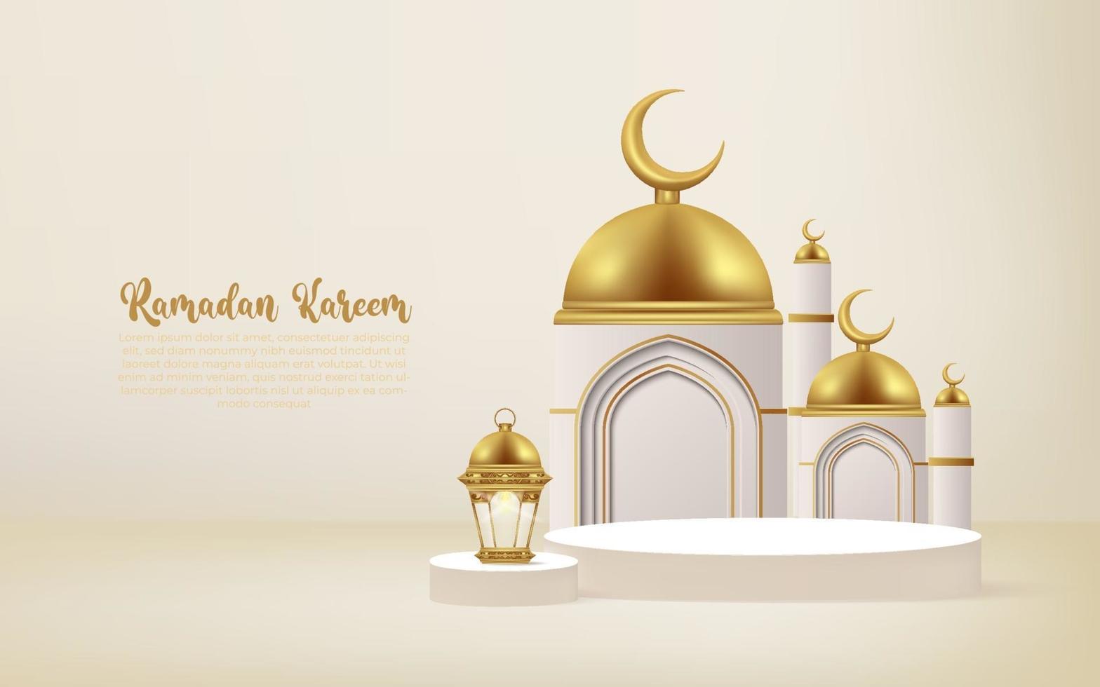 Fundo 3D Ramadan Kareem com lâmpada dourada e pódio. vetor